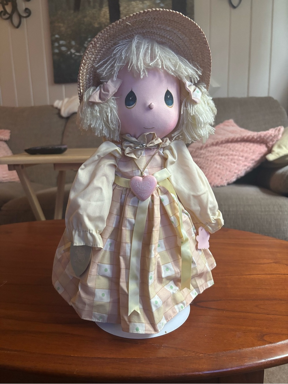 Girls Pink & Cream Plaid Dress with Ribbon Bow and Heart Pendant